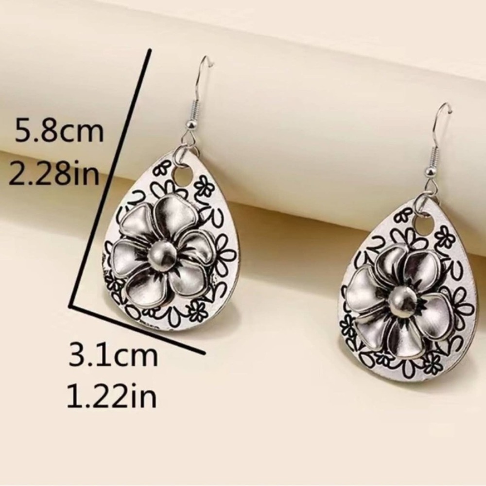 Large Boho Antique Silver-Tone 3D Flower Water Drop Earrings BRAND NEW - Picture 5 of 6